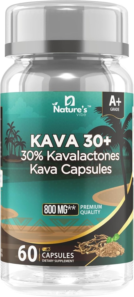 Nature's Vibe Kava 30+ – 30% Kavalactones, 800 mg Kava Root Extract – Relaxation Support – 60 Vegan Capsules