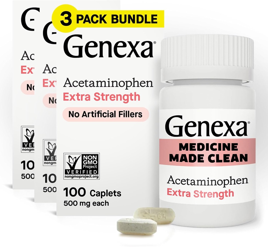 Genexa Clean Acetaminophen 500mg Extra Strength, Dye Free Pain Reliever Fever Reducer, 0% Artificial Additives, Pain Medicine for Adults, Relieves Headache, Backache, Minor Arthritis Pain, 300 Tablets