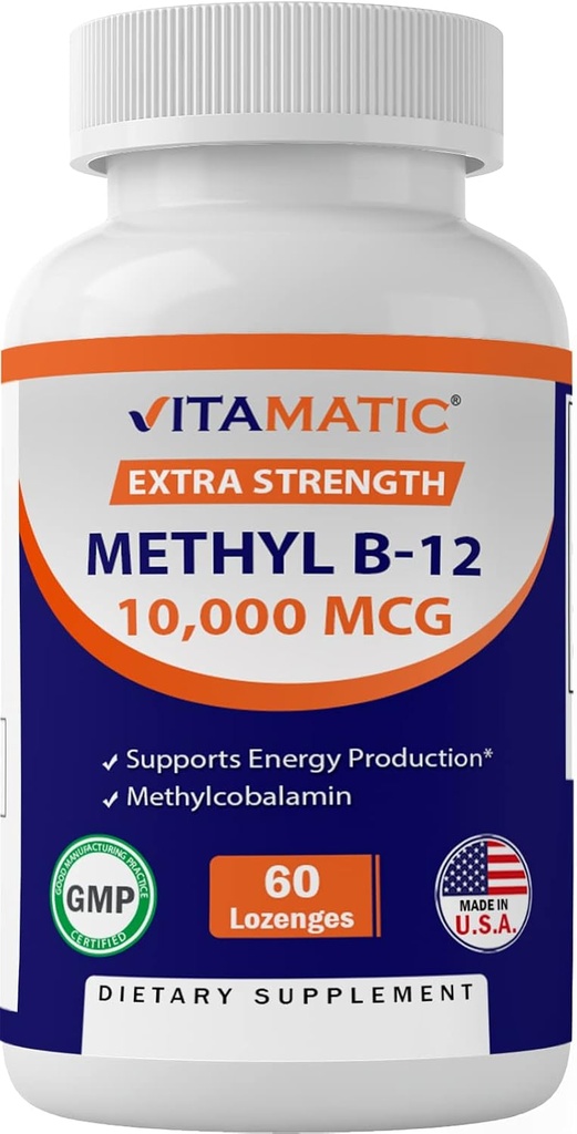 Vitamatic Methyl B12 (Methylcobalamin) 10,000 mcg – 60 Lozenges – Superior Source of Vitamin B12 for Energy & Nerve Health