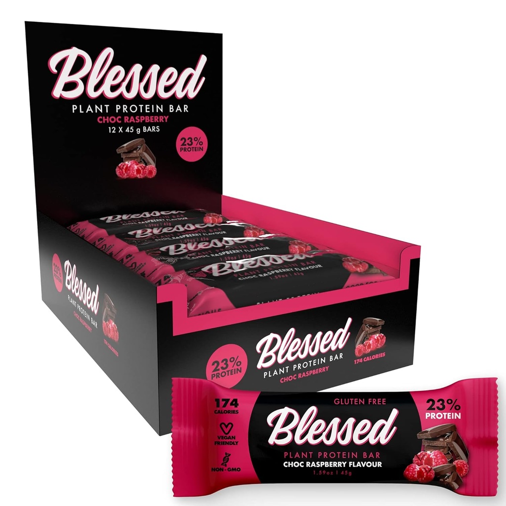 Blessed Vegan Protein Bars - Plant Based Protein Bars Low Calorie High Protein Meal Replacement Bar - Dairy Free, Nutritious Vegan Snacks - 12 Pack Chocolate Raspberry