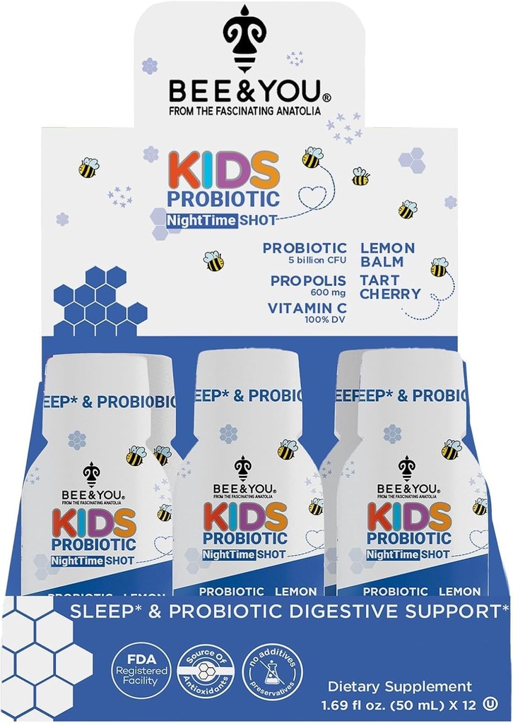 Bee and You Kids Propolis Immune Night Time Shot - Probiotic, Lemon Balm, Tart Cherry, Sleep Support, Immune Support, Gut Health 1.69 Fl. oz, 12 Pack