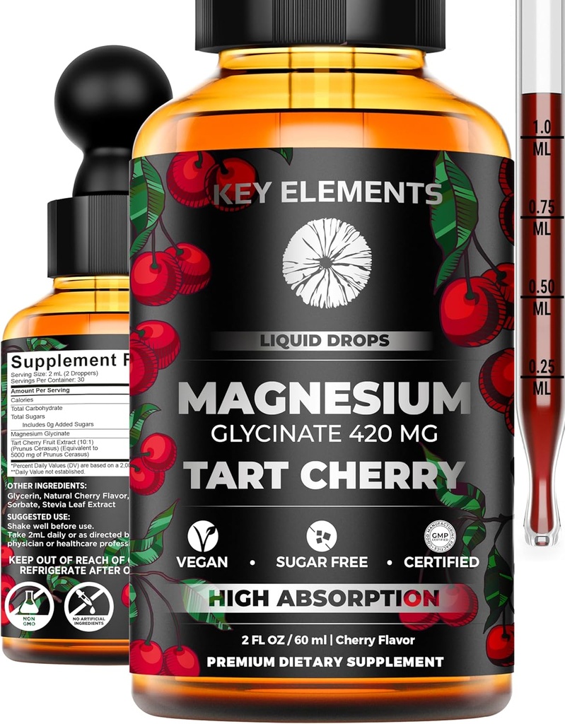 Liquid Magnesium Glycinate 420 Mg with Natural Tart Cherry Extract | Magnesium Glycinate Drops Supplement for Sleep, Mood & Mobility Support | Tart Cherry Extract