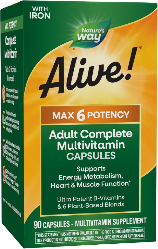 Nature's Way Alive! Max6 Potency Adult Complete Multivitamin, with Iron, Vitamins A, C, E & B-Vitamins Including Methylated B12 & Folate, Supports Energy Metabolism*, 90 Capsules (Packaging May Vary)