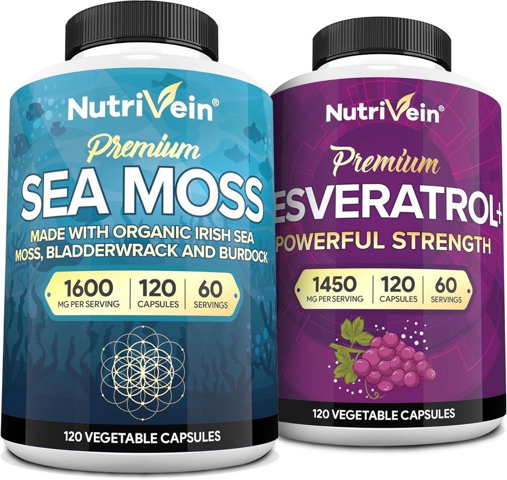 Nutrivein Premium Sea Moss Capsules & Resveratrol Supplement Bundle: High-Absorption Resveratrol Capsules and Irish Sea Moss for Digestion, Vitality, & Repair