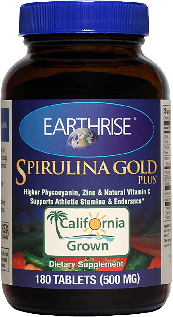 Earthrise Spirulina Gold Plus 500mg Tablet 180 counts, Natural Premium Spirulina from California- Vegan, Gluten Free, Keto Friendly, Non -GMO Super Food high in vitamins & minerals.