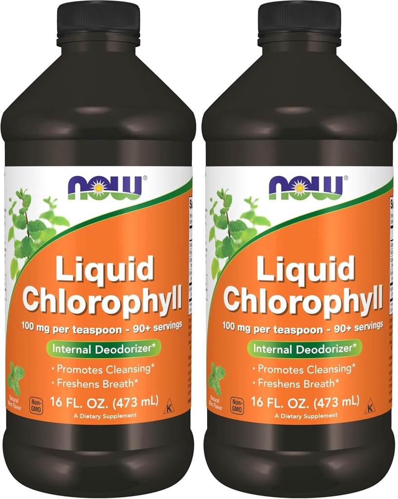 NOW Supplements, Liquid Chlorophyll, Super Concentrated, Internal Deodorizer*,Boost Energy, Mint Flavor, 16-Ounce (Pack of 2)