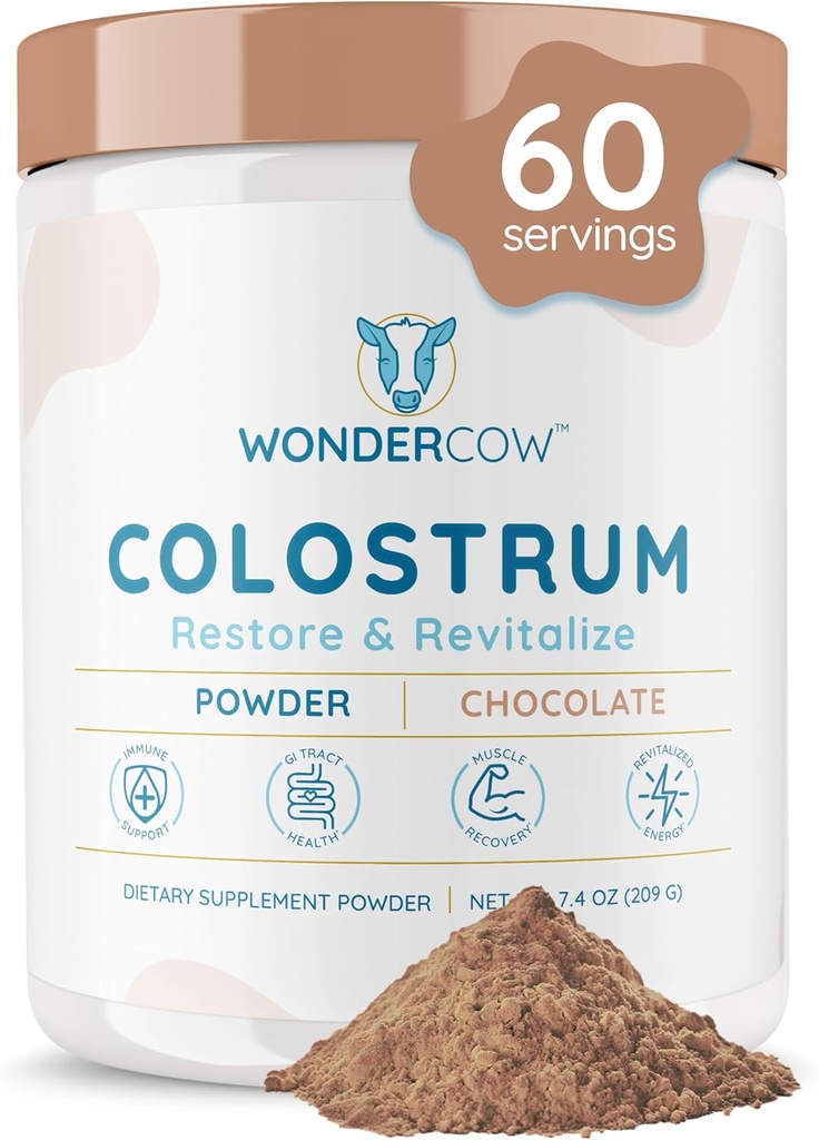 WONDERCOW Colostrum Supplement Powder for Gut Health, Immune Support, Muscle Recovery & Wellness | Natural IgG Pure Whole Bovine Colostrum Superfood, Chocolate, 60 Servings