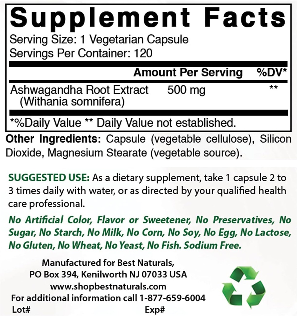 Best Naturals Ashwagandha Extract 500 Mg & Magnesium Chloride 520 mg