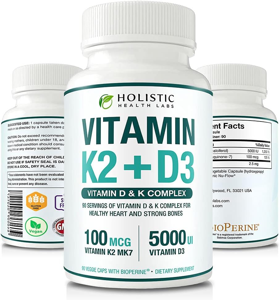 Max Absorption Vitamin K2 + D3 (5000IU) 90 Veggie Capsules from MK-7 (Menaquinone-7) and Cholecalciferol (with BioPerine) 3-Months Supply – D3 with K2 for Healthy Heart and Strong Bones | Non-GMO