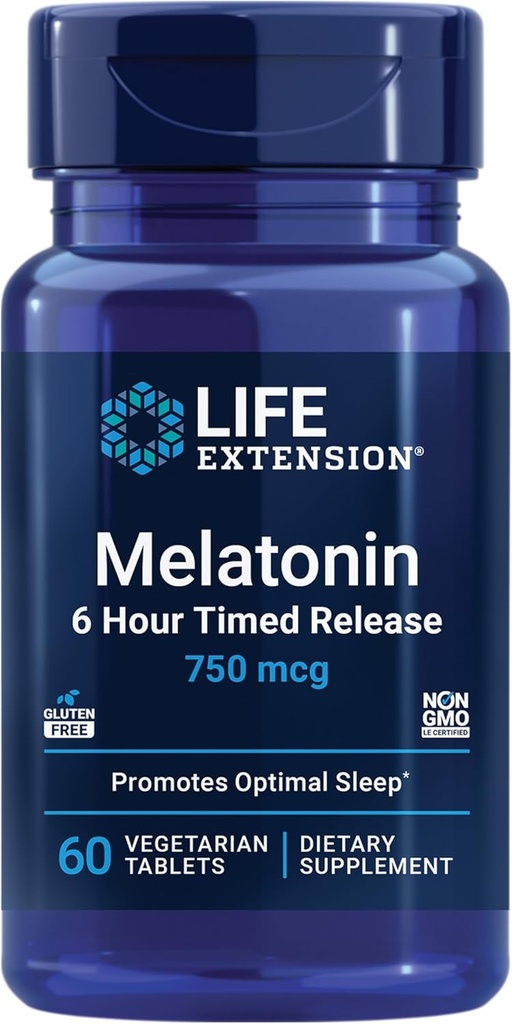 Life Extension Melatonin 6 Hour Timed Release, 750 mcg, Extended-Release Formula for Gentle Sleep Support, Healthy circadian Rhythms, Cellular Defense, Gluten-Free, Non-GMO, Vegetarian, 60 Tablets