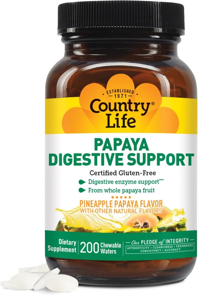 Country Life Chewable Papaya Enzymes for Digestion Support - Natural Pineapple & Papaya Flavor, Assists with Nutrient Absorption, Contains Papain & Protease - 200 Ct