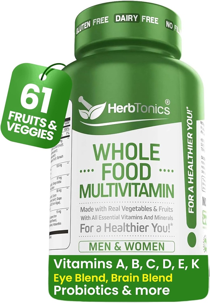 Herbtonics Whole Food Multivitamin for Men & Women – Vegan Multivitamin with Real Fruits & Veggies, Probiotics, CoQ10, Turmeric & More – 60 Capsules