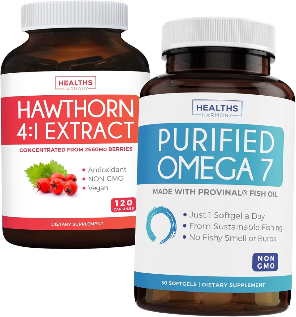 Bundle of Purified Omega 7 & Hawthorn Berry Extract - Cardio Care Combo - Purified Omega 7 Softgels (Non-GMO)(30 Softgels) & Hawthorn Berry Extract (Non-GMO) 120 Vegan Capsules