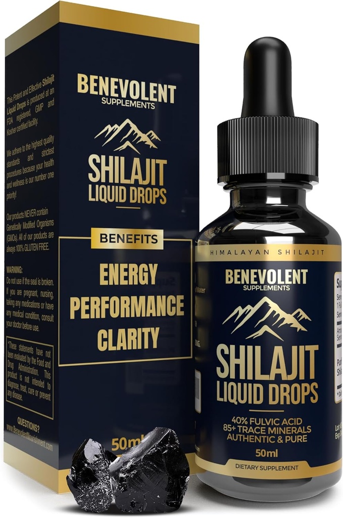 Shilajit Liquid Drops - 1000mg Natural Shilajit Drops - 85+ Trace Minerals & 40% Fulvic Acid for Energy Boost, Detox Cleanse, Strength & Immunity Support - 50 Day Supply