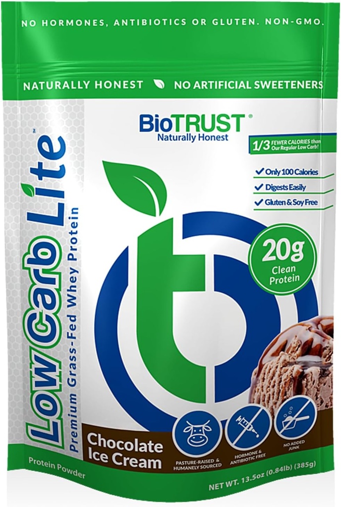 BioTrust Low Carb Lite, 20 Grams of Grass-Fed Whey Protein Isolate, 100 Calories, ProHydrolase Digestive Enzymes, Non-GMO, Free from Soy and Gluten, rBGH-Free (14 Servings) (Chocolate Ice Cream)
