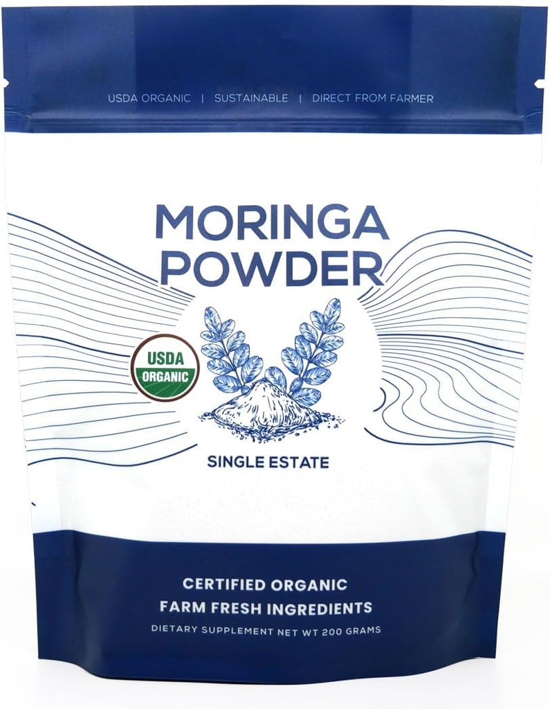 Organic Moringa Powder, Single Estate, Freshly Ground Colombian Moringa, USDA Organic, Non-GMO, Gluten Free in a Resealable Pouch for Smoothies, Lattes, Cooking, 7 oz (200 g), 100 Servings