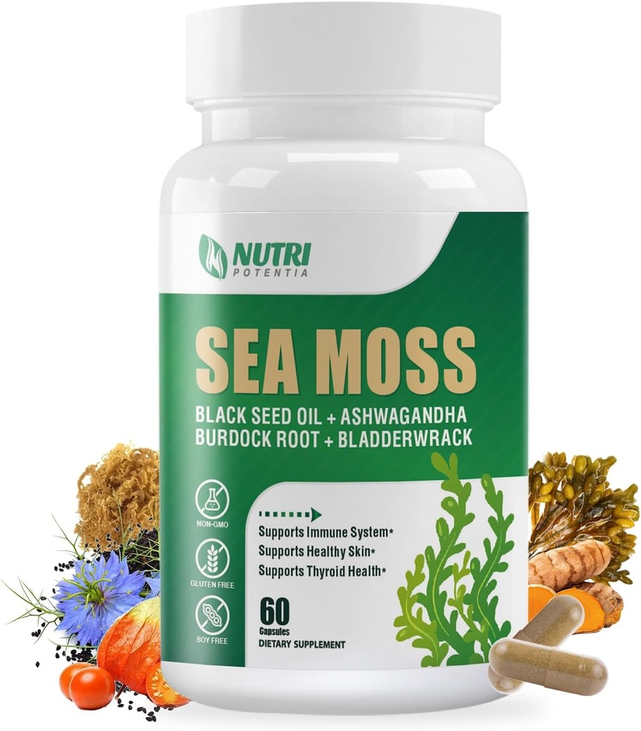 Sea Moss Black Seed Oil Ashwagandha Ginger Supplement - Irish Sea Moss Capsules with Turmeric, Bladderwrack & Burdock - 16 in 1 Immune, Joint and Gut Support - 60 Capsules
