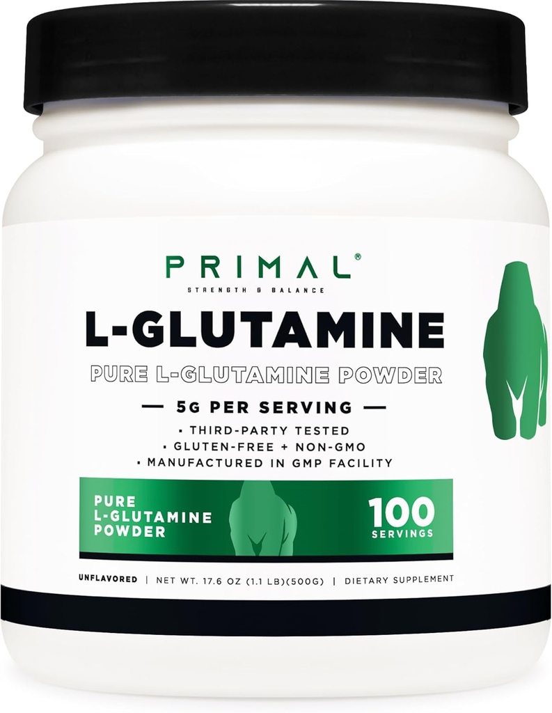 Primal L-Glutamine Powder (500 Grams, 100 Servings) | Pure Unflavored Glutamine Amino Acid for Sport & Workout Support and Performance - Gluten Free, Non-GMO Nutritional Supplement
