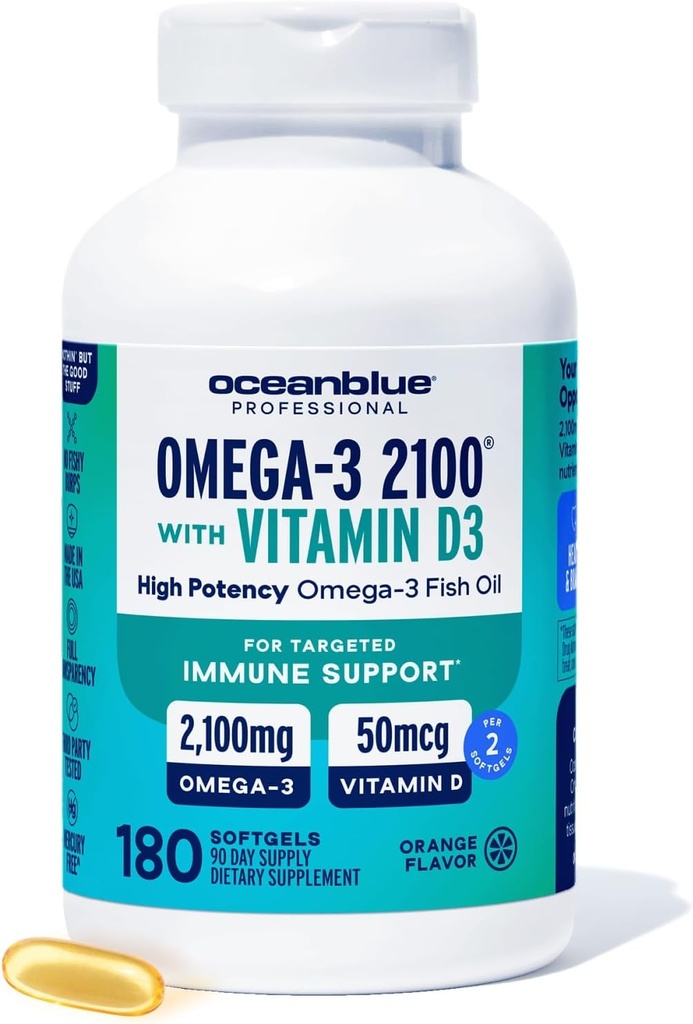 Oceanblue Professional Fish Oil with Vitamin D3 | Triple Strength 2100mg Omega-3 DPA EPA DHA | Wild Caught | Burpless Orange Flavor, 90 Servings (180 Count)