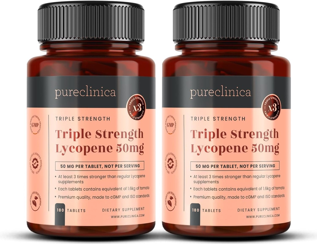 pureclinica Lycopene Supplement 50mg – High Strength Tomato Extract Antioxidant – 360 Tablets (1 Year Supply) – Prostate Health, Heart, Eye & Skin Support – GMO Free