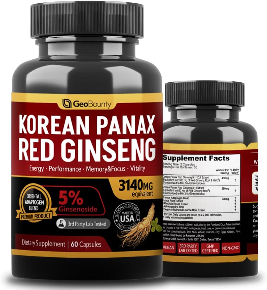 Korean Panax Red Ginseng, Red Ginseng Supplements Premium 3140mg (Ginsenoside 5%) Korean Red Ginseng Intensive 60 Capsules (Maca Root) Made in USA