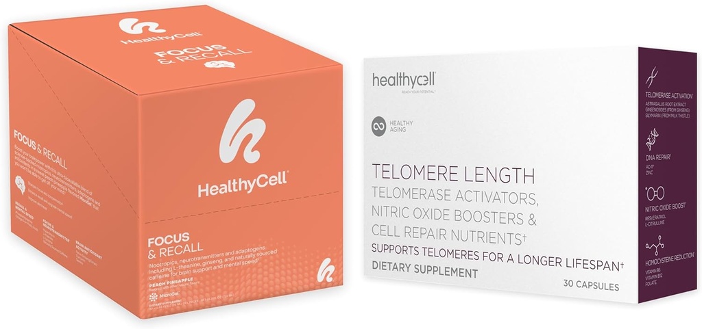 Healthycell Telomere Length Healthy Aging Supplement + Focus & Recall Brain Supplement for Memory & Focus Bundle