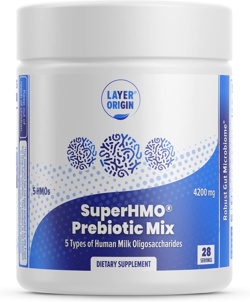 Layer Origin SuperHMO Prebiotic Mix with 5-HMO Prebiotic Fiber for Gut, Digestion, Brain Health - Powder, 28 Servings