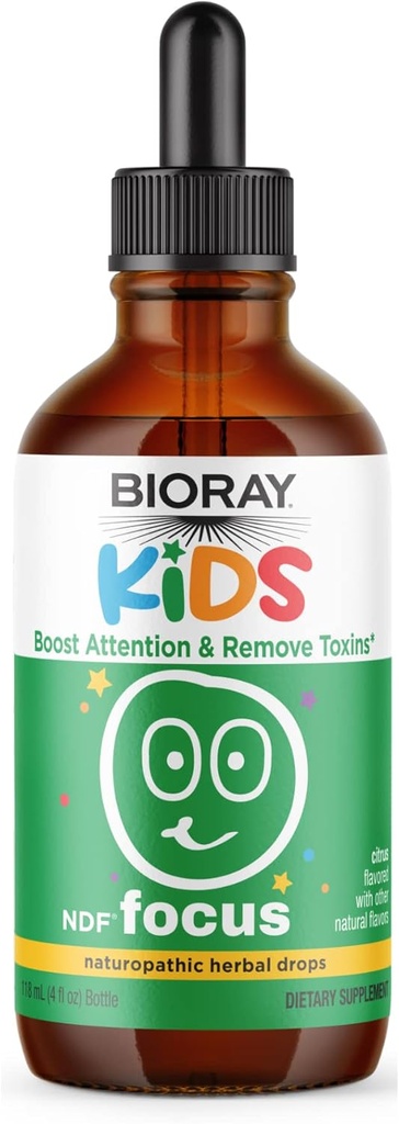 BIORAY Kids NDF Focus, Citrus - 4 fl oz - Supports Cognitive Function, Enhances Clarity & Promotes Steady Energy Levels - Non-GMO, Vegetarian, Gluten Free - 2-4 Month Supply