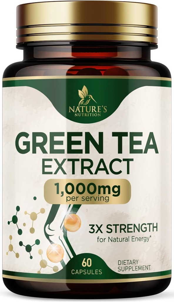 Green Tea Extract Capsules 1000 mg - Standardized 45% EGCG & 98% Polyphenols - 3X Strength Green Tea Pills for Natural Energy - Supports Heart Health, Herbal Supplement, Vegan, Non-GMO - 60 Capsules