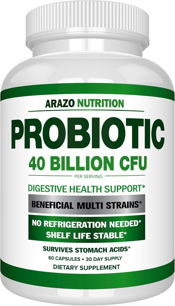 Arazo Nutrition Probiotic 40 Billion CFU - Shelf Stable with Prebiotics and Acidophilus - Stable Potency Until Expiration – Time Delay Release Probiotics