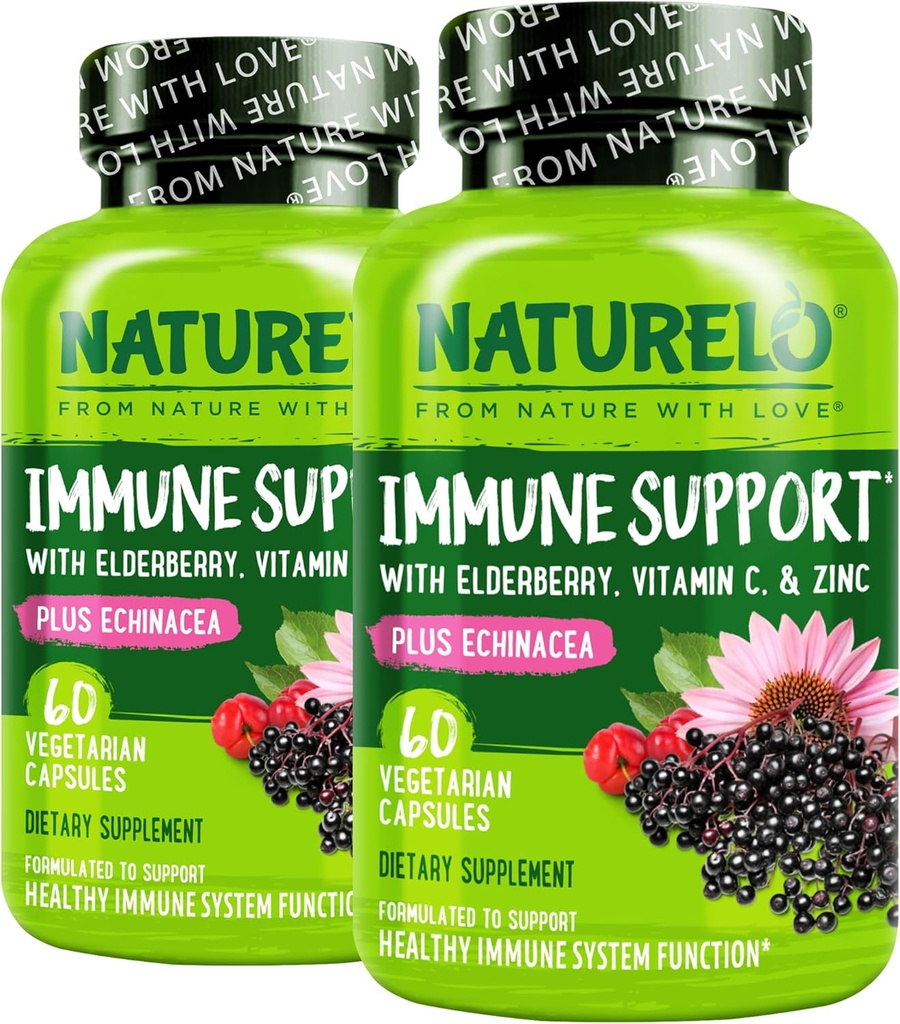 NATURELO Immune Support – Vitamin C, Elderberry, Zinc, Echinacea – Natural Immunity Boost w/Antioxidant, Herbal & Mineral Defense - 60 Vegan Capsules (Pack of 2)