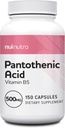 NUI NUTRA Pantothenic Acid (Vitamin B5) Supplement 500mg, 150 Capsules - Supports Energy, Focus, Digestive System, & Healthy Skin