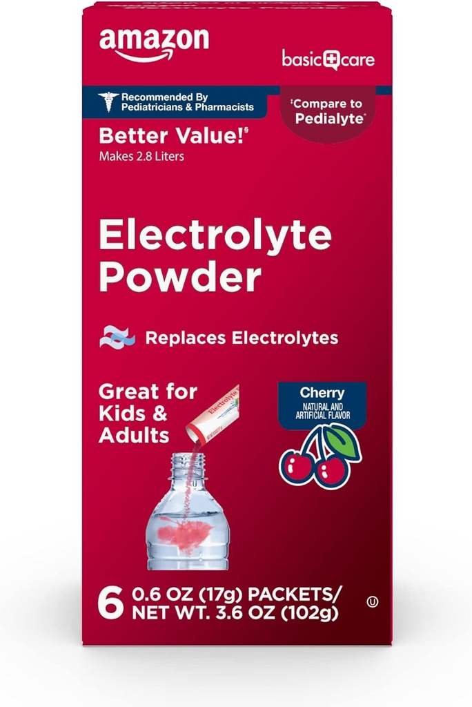 Amazon Basic Care Electrolyte Powder Packets for Kids & Adults, Cherry Flavor, 6 count (Pack of 1)