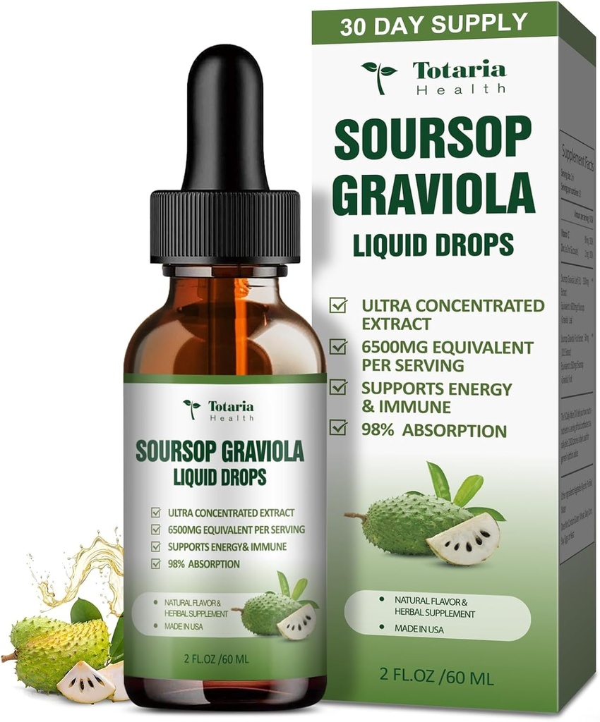 Pure Soursop Graviola Liquid Drop Support Digestive Skin Health, Sleep & Antioxidant - Guanabana Oil Organic Leaf Exact Soursop Bitters Liquid Drops, Natural Flavor, Non-GMO, Vegan, 2 Fl Oz