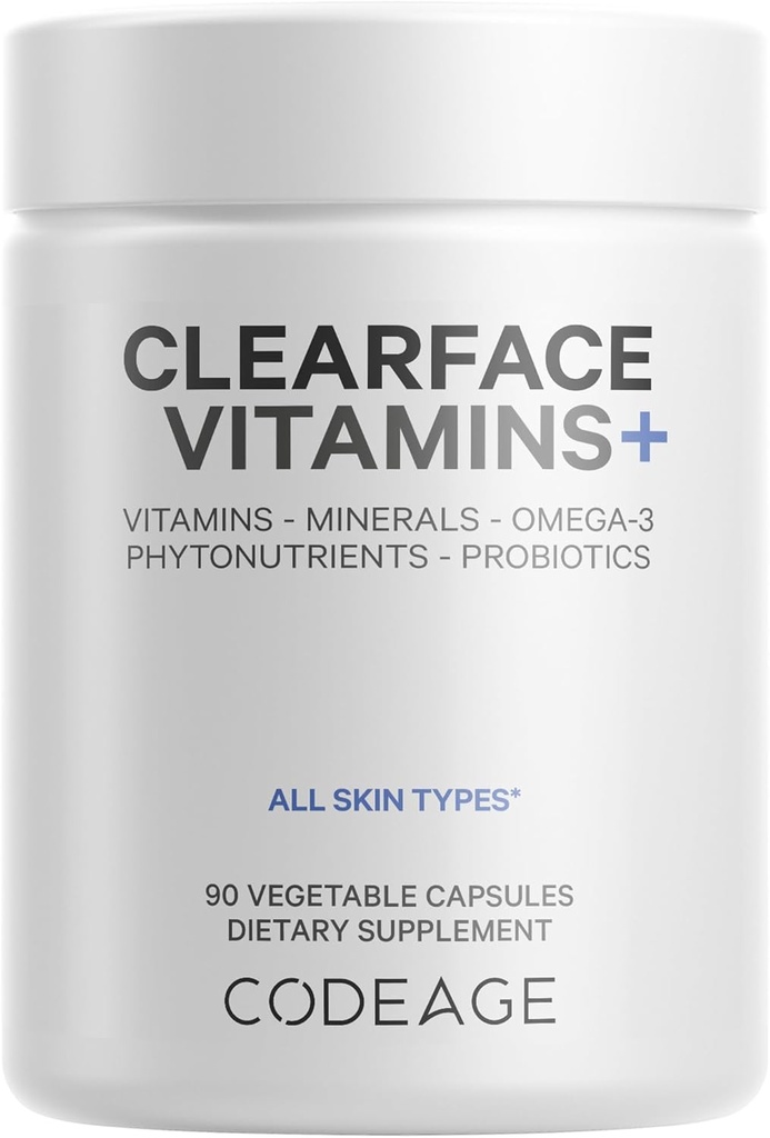 Codeage Clearface Pantothenic Acid, Niacin Supplement, Vitamins A, C, D3, E, Probiotics, Zinc, Riboflavin, Thiamin, L-Lysine HCL & Omega-3, Niacinamide, Skin Botanical Blend - Non-GMO - 90 Capsules