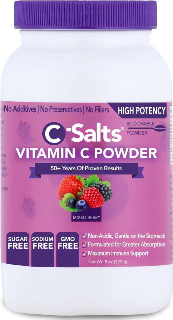 C-Salts Vitamin C Powder Supplement - 100% Pure High Dose Buffered Vitamin C Powder for Immune Support - Organic, Sugar-Free, Vegan, Non-GMO, Stomach-Friendly, Mixed Berry 8oz