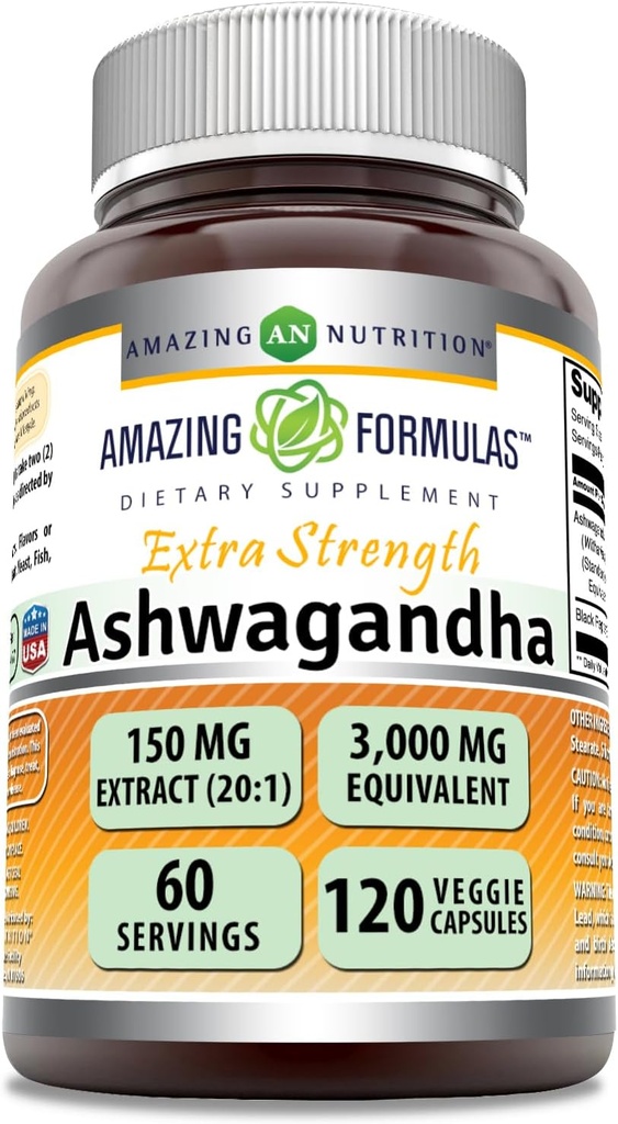Amazing Formulas Ashwagandha Extract Supplement | 150 Mg Extract (20:1) | Equivalent to 3,000 Mg | Veggie Capsules | Non-GMO | Gluten-Free | Made in USA (1 Pack | 120 Count)