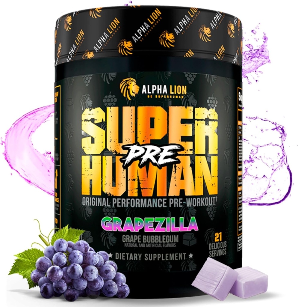ALPHA LION Superhuman Pre Workout Powder, Beta Alanine, L-Taurine & Tri-Source Caffeine for Sustained Energy & Focus, Nitric Oxide & Citrulline for Pump (21 Servings, Grapezilla)