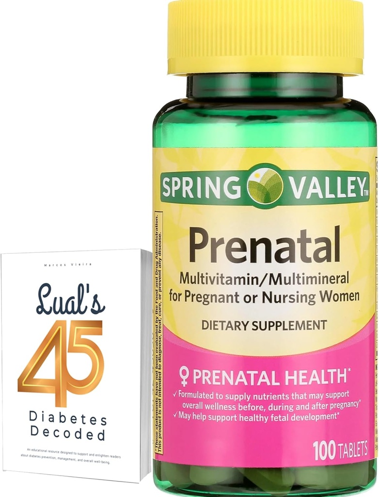 Spring Valley Prenatal Multivitamin 100 Tablets, Prenatal Vitamins for Women, Pregnancy Must Haves Folate Supplement, Bundle with Luall's 45 Diabetes Decoded