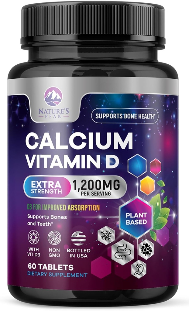 Calcium 1200 mg with Vitamin D3 - Bone Health Supplement, Vitamin D & Calcium Supplements for Women & Men - Bone Strength, Teeth & Immune Support, Nature's Calcium Pills, Bottled in USA - 60 Tablets