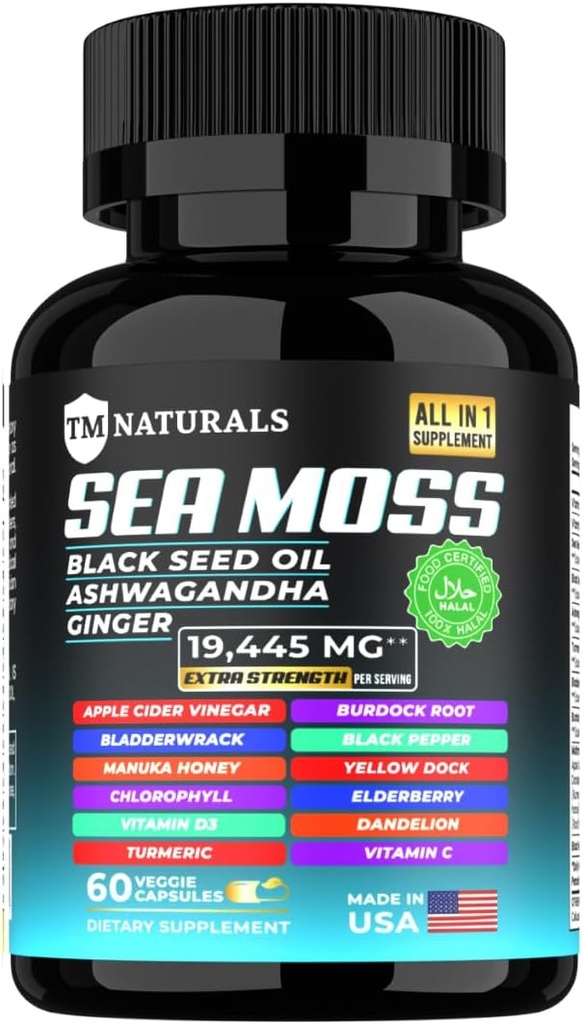 Sea Moss with Black Seed Oil, Vitamin C, Ashwagandha and Turmeric for Immune Support & Energy - 60 Vegan Capsules + Free Pill Box