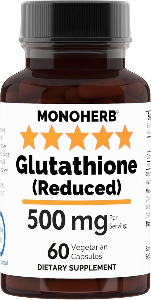 MONOHERB Reduced Glutathione 500 mg - 60 Veg Capsules | 250 mg per Capsule - Serving Size 2 Capsules: 500 mg - 30 Servings