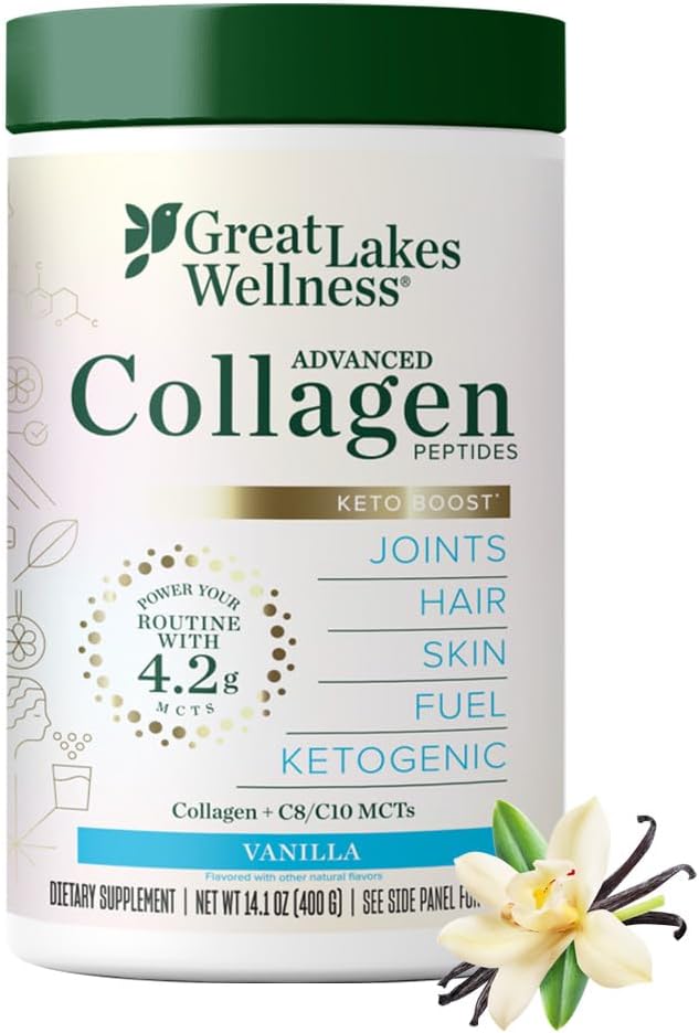 Great Lakes Wellness Keto Boost Advanced Collagen Peptides Powder with 4.2g MCTs - Vanilla Flavored - Nutritiously-Rich Non-Dairy Coffee Creamer or Smoothie Alt - Non-GMO, Kosher - 14.1 oz