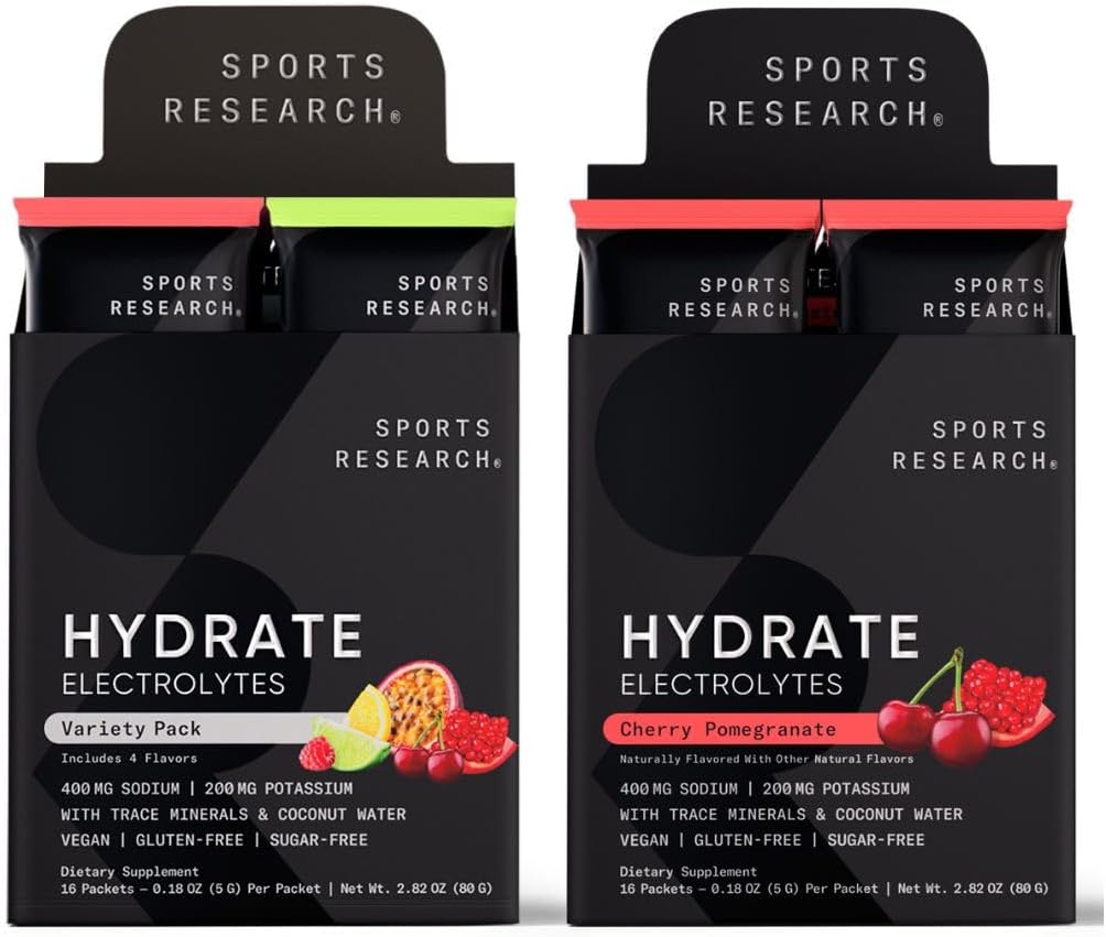 Sports Research Hydrate Electrolytes Combo Pack - Sugar-Free & Naturally Flavored with Vitamins, Minerals, and Coconut Water - Supports Hydration - 32 Packets - Cherry Pomegranate Dominant Flavor