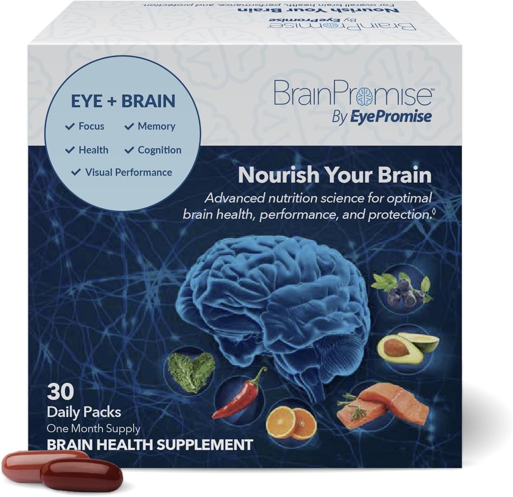 BrainPromise Eye & Brain Supplement by EyePromise - 30 Softgel Packets, 30-Day Supply - Eye Supplement with Brain Support for Memory & Focus, Made with Lutein and Zeaxanthin, Vitamin A, B, C, D & Zinc