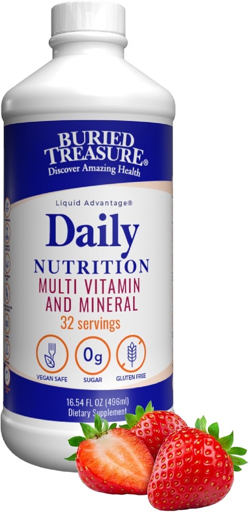 Buried Treasure Daily Nutrition Liquid Multivitamin and Mineral Supplement with Trace Minerals, Superfoods, Vitamin A, B-Complex, C, D, E, Methylfolate, Biotin, Magnesium, Zinc, Resveratrol, 32 serv