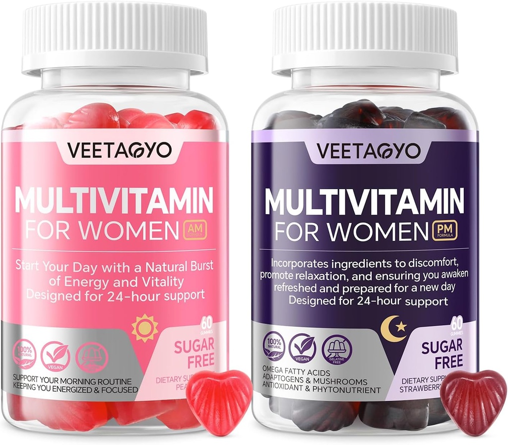 Multivitamin for Women AM & PM - Melatonin Free with w/Algae Calcium,Omega-3,Vitamin D3K2,Magnesium for Energy & Relaxation,Rest,Skin,Hair Support - Sugar Free, 24-Hour Support, Vegan,120 Count