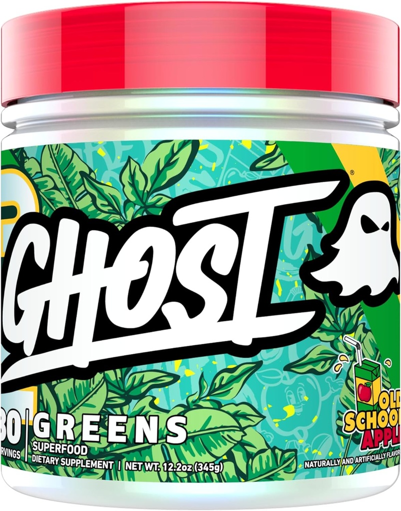 GHOST Greens Superfood Powder, Old School Apple - 30 Servings - 19 Super Greens & Reds, Fruits, Vegetables, Spirulina, & Chlorella, Prebiotics, 10 Billion CFU Probiotic & Digestive Enzymes - Soy-Free