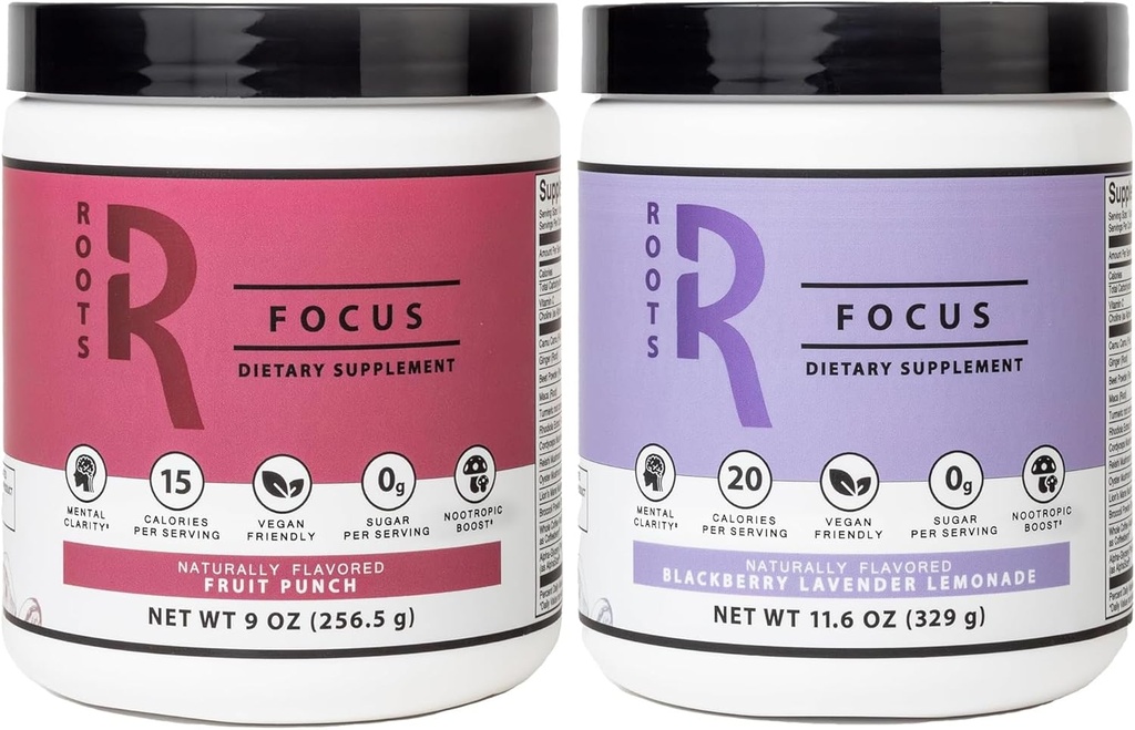 Silver Star Nutrition, Roots Focus Nootropic Brain Supplement - Fruit Punch & Blackberry Lavender Lemonade- Lions Mane, Cordyceps & Reishi Functional Mushrooms+ Extended-Release Caffeine, 100 Servings