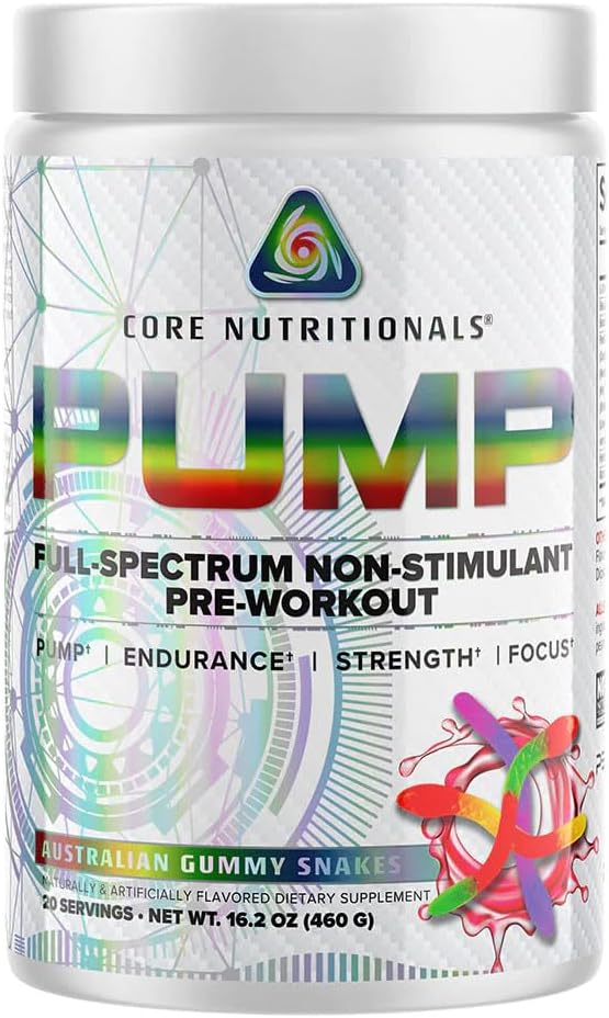 Core Nutritionals Pump Full-Spectrum Non-Stimulant Pre-Workout, with N03T Nitrate, Peak02, Alpha GPC, for Maximum Pump, Strength, and Performance 20 Servings (Austrialian Gummy Snakes)